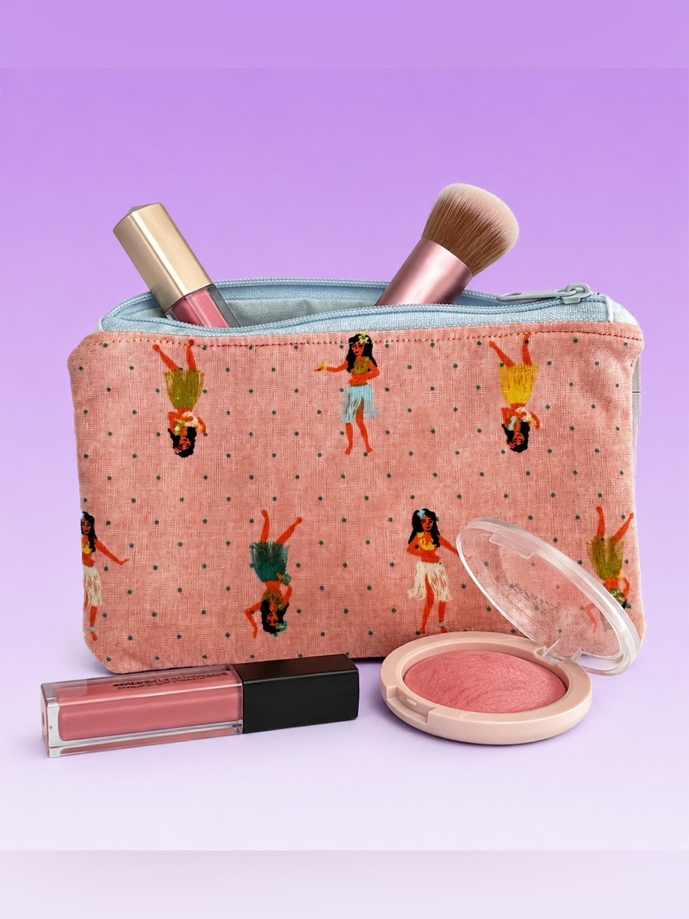 Handmade Pink Hula Print Cosmetic Pouch with Zipper